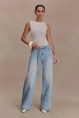 Perrie Mid Rise Straight Leg Tie Jeans Washed Light Blue
