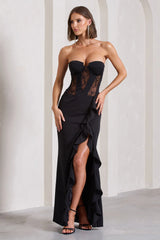 Attention Please Black Strapless Lace Panelled Corset Split Maxi Dress