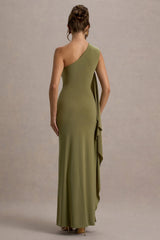Adelina Olive One Shoulder Maxi Dress With Drape