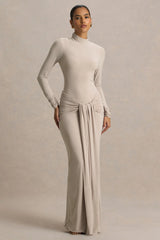 Myra Champagne High Neck Maxi Dress With Sash and Ruched Detailing