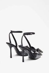 Bowing Black Satin Heeled Sandals With Diamante Bows